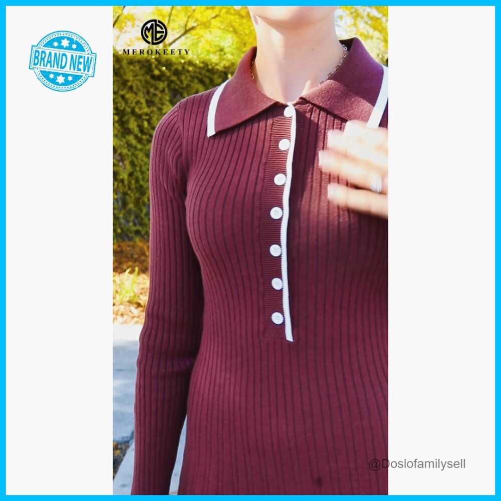 V-Neck Button Down Sweater Dress Ribbed Knit Mini Elegant Chic Work Casual - Picture 7 of 7